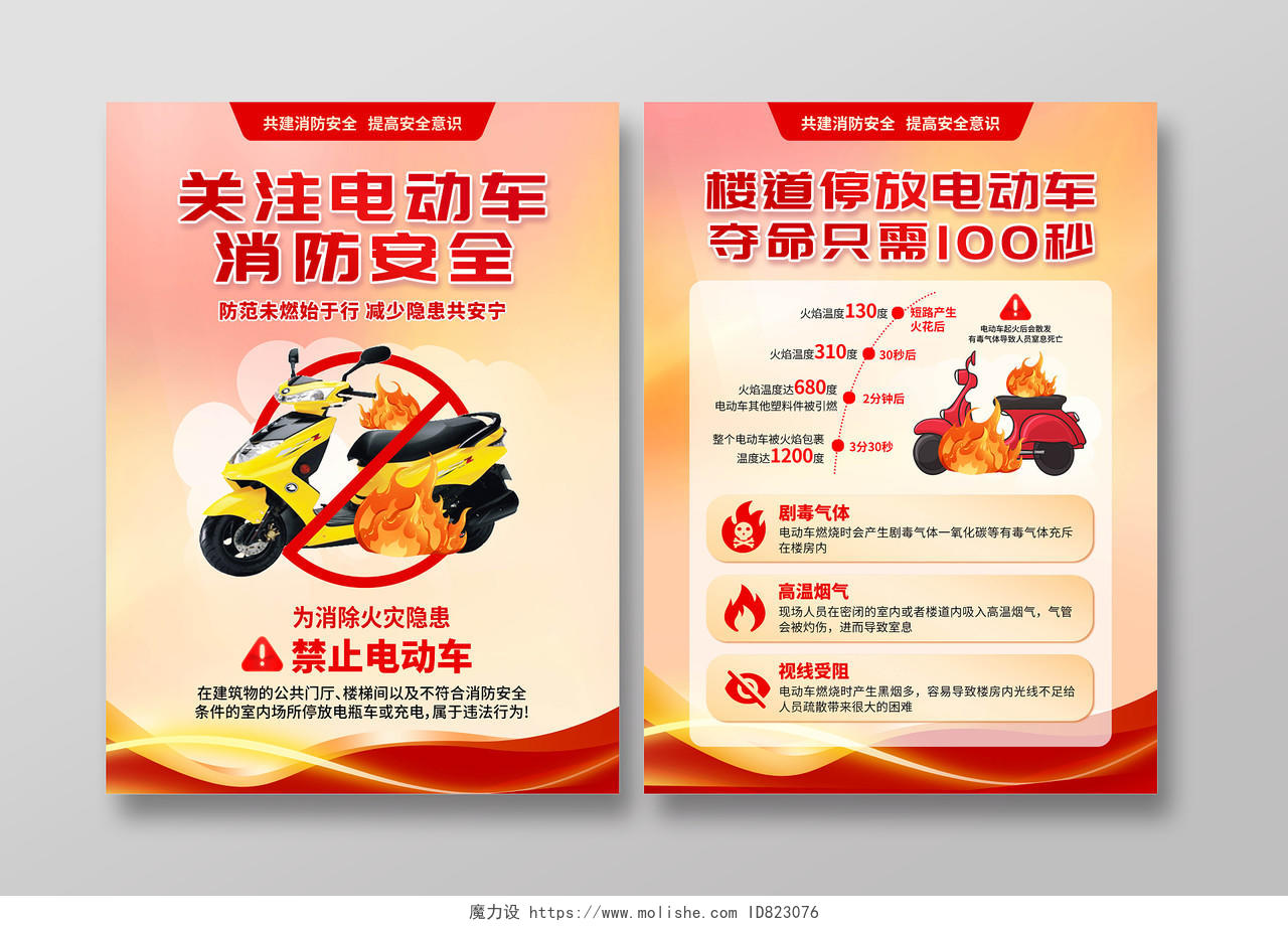 红色橙色创意简约电动车消防安全宣传消防安全警示宣传单